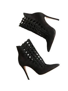 Schutz Black Zema Pointy Toe Caged Boots in Black Smooth Suede Sz-6.5
